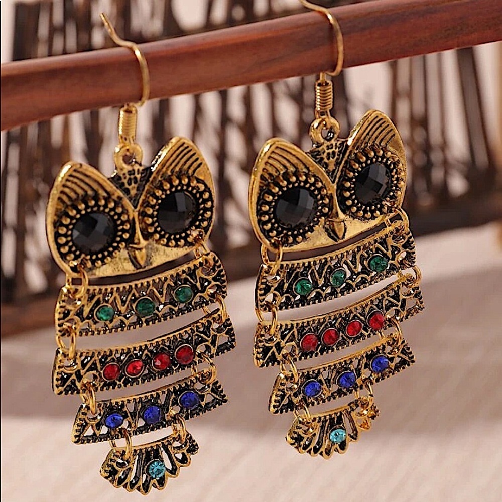 2 FOR $20 Vintage Gold Multicolor Rhinestone Owl Earrings - Picture 2 of 7